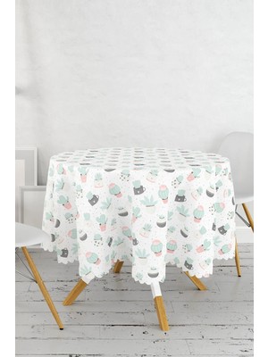 Rem Home Remhome Beyaz Zeminli Renkli Kaktüs Desenli Dijital Baskılı Modern Yuvarlak Masa Örtüsü - Çap 140CM 140 x 140 cm