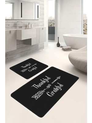Rem Home Remhome 2'li Siyah Zeminde Yazı Motifli Thankful Desenli Sade & Şık Klasik 2'li Banyo & Mutfak Paspas Takımı Takım Banyo Paspası