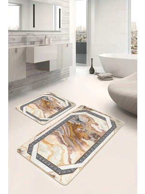 Rem Home Remhome Klasik Zeminde Çerçeve Motifli Mermer Desenli Geometrik Vintage 2'li Banyo & Mutfak Paspas Takımı Takım Banyo Paspası