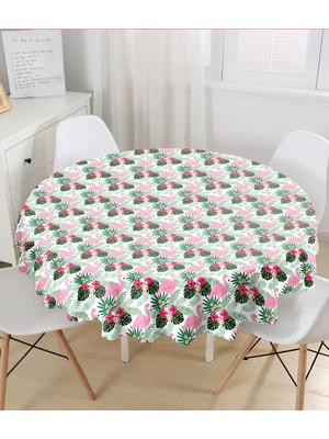 Rem Home Remhome Flamingo Devetabanı Çizimli Özel Tasarım Yuvarlak Masa Örtüsü - Çap 140CM 140 x 140 cm