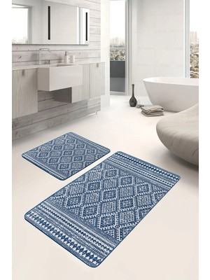Rem Home Remhome Lacivert Zeminde Geleneksel Motifli Kilim Geometrik Etnik Motifler 2'li Banyo & Mutfak Paspas Takımı Takım Banyo Paspası