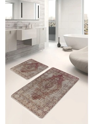 Rem Home Remhome Kiremit Zeminde Osmanlı Motifli Eskitme Avangarde Eskitme Motifli 2'li Banyo & Mutfak Paspas Takımı Takım Banyo Paspası