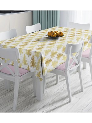 Rem Home Remhome Beyaz Zemin Üzerinde Gold Renkli Çam Ağacı Desenli Dijital Baskılı Masa Örtüsü 90 x 90 cm