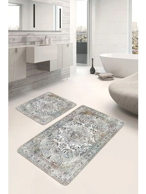 Rem Home Remhome Beyaz Zeminde Antik Motifli Göbekli Halı Avangarde Etnik Motifler 2'li Banyo & Mutfak Paspas Takımı Takım Banyo Paspası