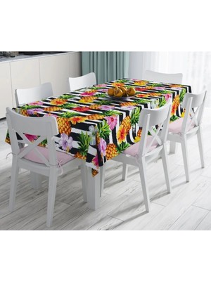 Rem Home Remhome Siyah Zeminli Renkli Ananaslar Özel Tasarım Leke Tutmaz Masa Örtüsü 90 x 90 cm