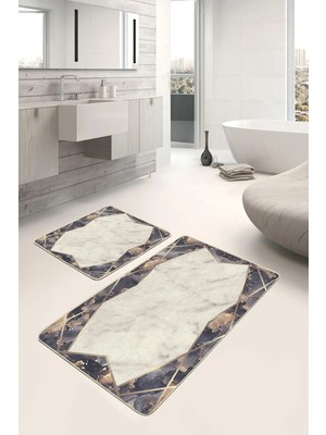 Rem Home Remhome 2'li Set Eskitme Zeminde Çerçeveli Motifli Mermer Desenli Geometrik Klasik 2'li Banyo Paspas Takımı Takım Banyo Paspası