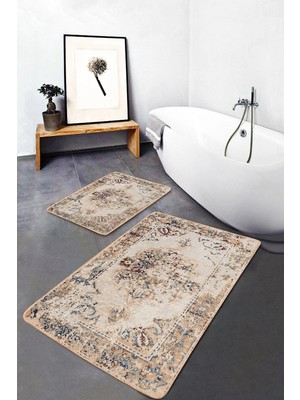 Rem Home Remhome 2'li Set Krem Zeminde Eskitme Motifli Hereke Eskitme Motifli Avangarde 2'li Banyo Paspas Takımı Takım Banyo Paspası