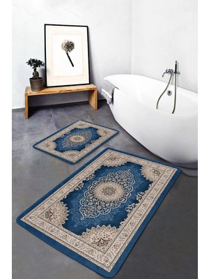 Rem Home Remhome Mavi Zeminde Göbekli Halı Motifli Kilim Avangarde Etnik Motifler 2'li Banyo & Mutfak Paspas Takımı Takım Banyo Paspası