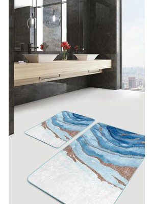 Rem Home Remhome 2'li Set Gold Mavi Zeminde Mermer Motifli Kanvas Desenli Sade & Şık Modern 2'li Banyo Paspas Takımı Takım Banyo Paspası