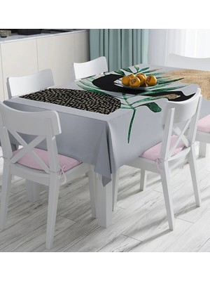 Rem Home Remhome Gri Zemin Üzerinde Soyut Yaprak Çizimli Modern Özel Tasarım Dijital Baskılı Masa Örtüsü 90 x 90 cm