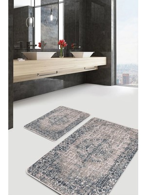 Rem Home Remhome Krem Zeminde Göbekli Halı Motifli Hereke Avangarde Etnik Motifler 2'li Banyo & Mutfak Paspas Takımı Takım Banyo Paspası