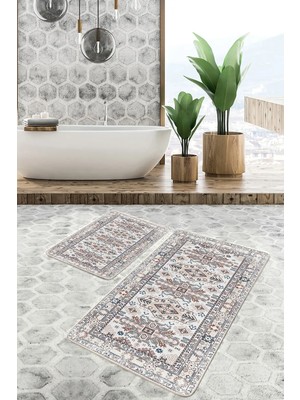 Rem Home Remhome 2'li Set Krem Zeminde Osmanlı Motifli Antik Avangarde Eskitme Motifli 2'li Banyo Paspas Takımı Takım Banyo Paspası