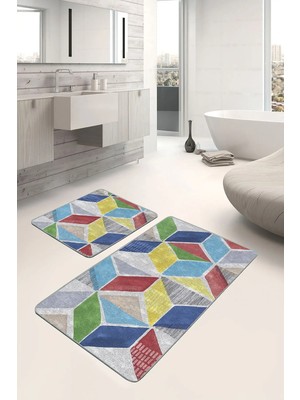 Rem Home Remhome 2'li Set Gri Zeminde Sulu Boya Motifli Geometrik Geometrik Sade & Şık 2'li Banyo Paspas Takımı Takım Banyo Paspası