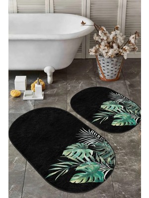 Rem Home Remhome Siyah Zemin Tropik Yaprak Tasarım Dijital Baskılı 2'li Oval Kaymaz Taban Banyo & Mutfak Paspas Seti Takım Banyo Paspası