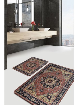 Rem Home Remhome 2'li Set Renkli Zeminde Kilim Motifli Hereke Avangarde Etnik Motifler 2'li Banyo Paspas Takımı Takım Banyo Paspası