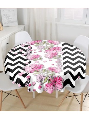Rem Home Remhome Siyah Zigzag Zeminde Ilkbahar Çiçekleri Temalı Yuvarlak Masa Örtüsü - Çap 140CM 140 x 140 cm