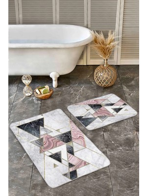 Rem Home Remhome 2li Set Mermer Zeminde Üçgen Motifli Geometrik Desenli Geometrik Sade & Şık 2'li Banyo Paspas Takımı Takım Banyo Paspası