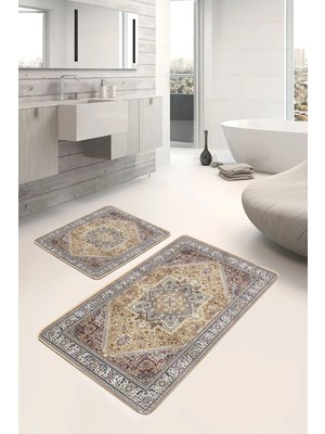 Rem Home Remhome Geleneksel Zeminde Göbekli Halı Motifli Etnik Desenli Etnik Eskitme Motifli 2'li Banyo Paspas Takımı Takım Banyo Paspası