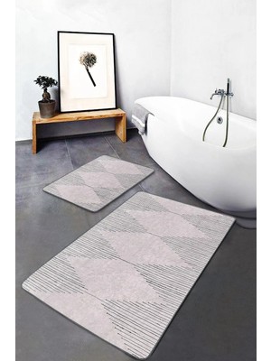 Rem Home Remhome Krem Zeminde Geometrik Motifli Tribal Desenli Geometrik Klasik 2'li Banyo & Mutfak Paspas Takımı Takım Banyo Paspası