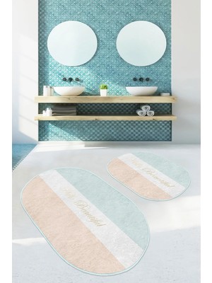 Rem Home Remhome Soft Renkli Hello Beatiful Tasarımlı 2'li Oval Kaymaz Tabanlı Banyo & Mutfak Paspas Takımı Takım Banyo Paspası