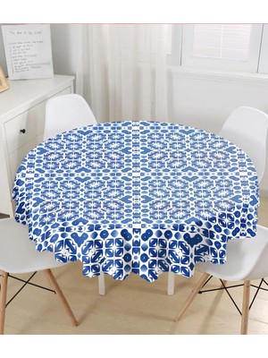 Rem Home Remhome Beyaz Zemin Üzerinde Çini Desenli Dijital Baskılı Modern Yuvarlak Masa Örtüsü - Çap 140CM 140 x 140 cm