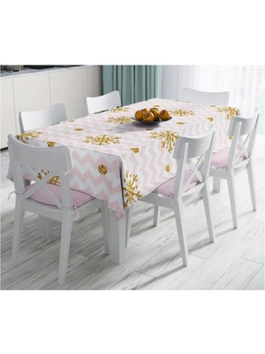Rem Home Remhome Zigzag Pudra Zeminli Altın Detaylı Modern Leke Tutmaz Masa ÖRTÜSÜ-120X140 cm