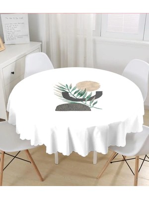 Rem Home Remhome Beyaz Zemin Üzerinde Soyut Yaprak Çizimli Yuvarlak Masa Örtüsü - Çap 140CM 140 x 140 cm