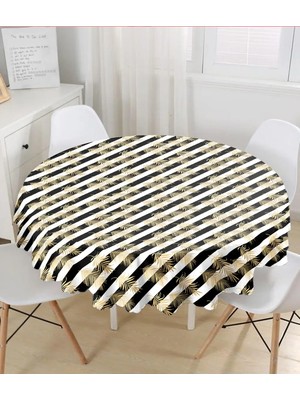Rem Home Remhome Beyaz Zemin Üzerinde Gold Detaylı Yaprak Desenli Modern Yuvarlak Masa Örtüsü - Çap 140CM 140 x 140 cm