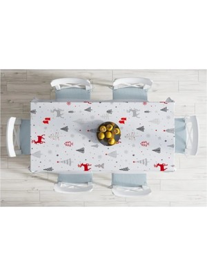 Rem Home Remhome Kırmızı Geyikler ve Ağaçlar Yılbaşı Konseptli Dijital Baskılı Leke Tutmaz Masa ÖRTÜSÜ-120X140 cm