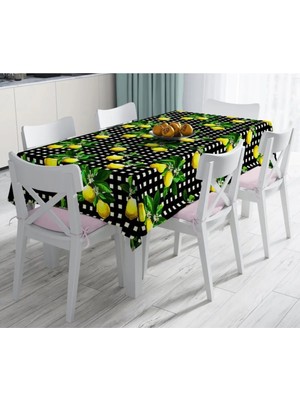 Rem Home Remhome Siyah Zeminde Ekose Desenli Limon Baskılı Dekoratif Leke Tutmaz 140X260 cm Masa Örtüsü