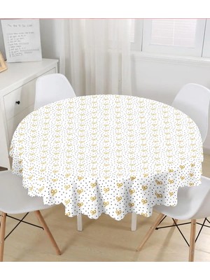 Rem Home Remhome Beyaz Zemin Üzerinde Gold Detaylı Geometrik Çizim Modern Yuvarlak Masa Örtüsü - Çap 140CM 140 x 140 cm