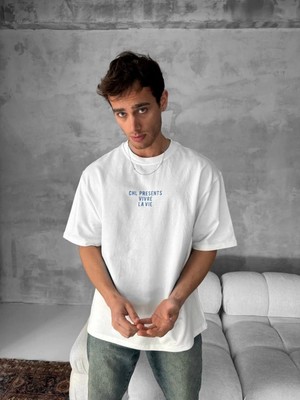 Hace Bazaar Ön ve Arka Baskılı Oversize Bisiklet Yaka T-Shirt- Beyaz -