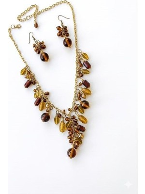 Hace Bazaar Taşlı Set Kolye - Kahverengi -Hcb