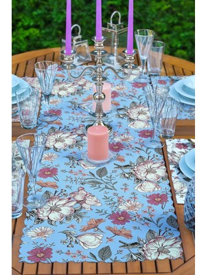 Rem Home Remhome 4+1 Pastel Zemin Kurumuş Çiçek Çizimli Amerikan Servis & Runner Seti
