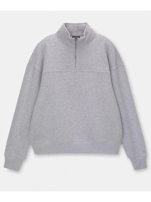 Hace Bazaar Oversize Yarım Farmuarlı Yakalı Basic Sweatshirt - Gri -
