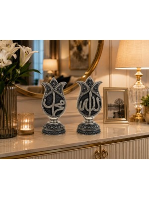 Home Dekor Hediye Dekoratif 2'li Biblo Seti Gümüş Siyah Lale Allah Muhammed Tasarımlı Şık Ev Ofis Dekorasyonu 19 cm