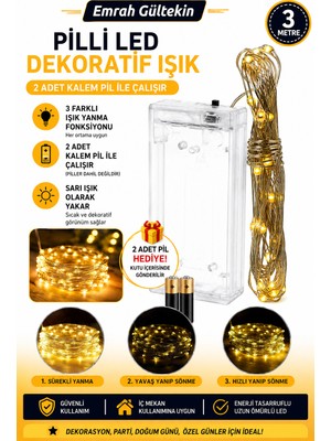 Emrah Gültekin 3 Metre Pilli LED Dekoratif Işık 3 Modlu Peri LED Iç Mekan Aydınlatma Pil Hediyeli