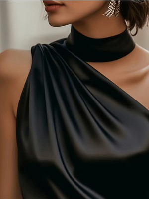 Stilvibe Kadın Saten Tek Omuzlu Boğazlı Bluz