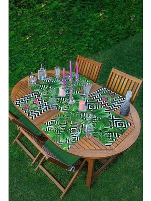 Rem Home Remhome 4+1 Siyah Beyaz Geometrik Zeminli Yeşil Yapraklı Amerikan Servis & Runner Seti