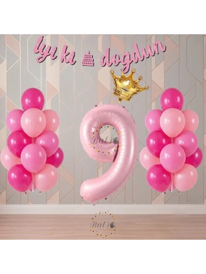 Bal10 Dünyası BAL10 Pembe Renk Temalı Rakamlı Doğum Günü Parti Seti Yaş-9