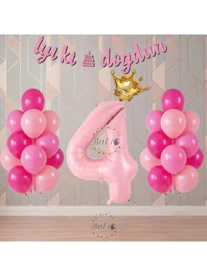 Bal10 Dünyası BAL10 Pembe Renk Temalı Rakamlı Doğum Günü Parti Seti Yaş-4