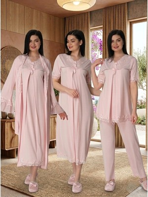 Lohussa Kadın Pudra Dantelli Pamuklu Hamile Lohusa Sabahlık Pijama Takımı Gecelik 4'lü Set