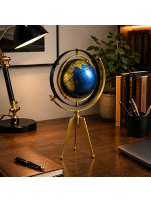 Vien Home Dekoratif Metal Ayaklı Dünya Küresi – Mavi & Gold Tasarım | 34 cm Masaüstü Ofis ve Ev Dekoru