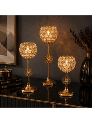 Vien Home Lüks Gold Kristal Taşlı Metal Şamdan Mumluk – Dekoratif Cam Taşlı Masa Üstü Mumluk (30 / 34 / 38 Cm)