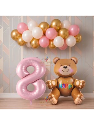 Best Parti Best Ayıcıklı Pembe Rakamlı Doğum Günü Seti Yaş-8