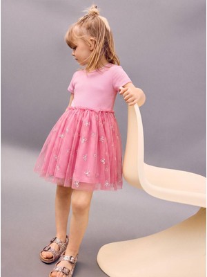 BeU Kids Kız Çocuk Pembe Fiyonk Desenli Kısa Kollu Pamuk Astarlı Tüllü Elbise