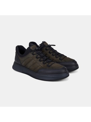 Erkek Haki Desacomfort Esnek Bilekli Bağcıklı Deri Sneaker