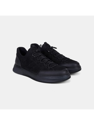 Erkek Siyah Desacomfort Esnek Bilekli Bağcıklı Deri Sneaker