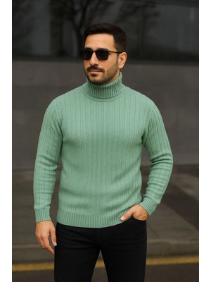 Hace Bazaar Balıkcı Yaka Bağazlı Triko Kazak Pamuklu Kalın Fitilli Dokuma, Regular Fit Uzun Kollu Kışlık Model - Mint Yeşili