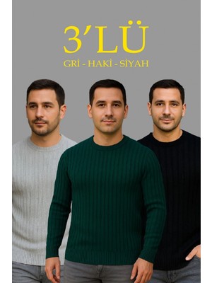 Hace Bazaar Fitilli Triko Kazak 3’lü Set – Gri, Haki, Siyah | Kalın Dokuma Pamuklu Regular Fit Bisiklet Yaka Uzun Kollu Kışlık ve Baharlık Rahat Triko Kombini
